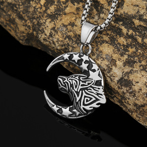 Liontin kepala serigala kepribadian Retro baja tahan karat, Kalung minimalis baru untuk pria perasaan kelas atas baja Titanium bintang bulan - Product Image 2