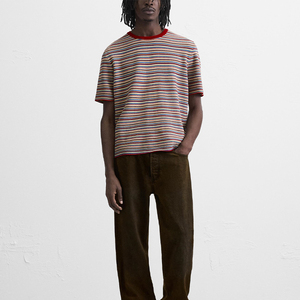 Camiseta a rayas elegante con rayas horizontales multicolores vibrantes y cuello rojo en contraste Tela de mezcla de algodón suave y cómoda - Product Image 6