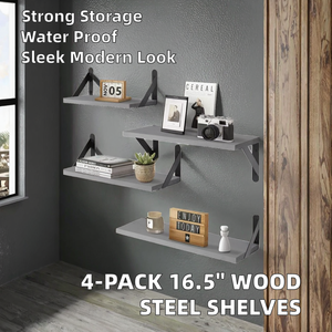 Modern Rustic Grey Wood <b>Floating</b> Wall Shelves Matte Black Metal Bracket Decorative Storage Hanging Display Rack Single <b>Unit</b> - Product Image 2