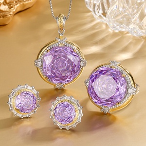 Wholesale Fashion Eco-friendly Copper 18-10MM Violet Zircon Floral Jewellery <b>Set</b> With Pendant Necklace and <b>Earrings</b> - Product Image 3