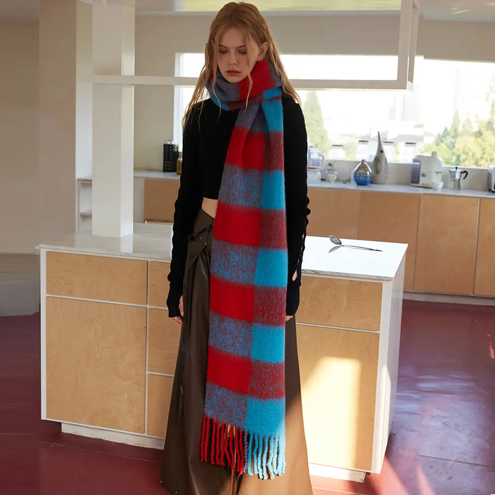 C & J invierno cálido clásico Cachemira Vintage Retro suave rojo y azul a cuadros 20% lana mezclada suave bufanda de lana larga para mujer