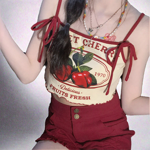 Women's Summer Slim Fit Strap Crop <b>Top</b> Letter <b>Cherry</b> Print Lace-Up Knitted Camisole Halter Breathable Fashion Sexy Clubwear - Product Image 2