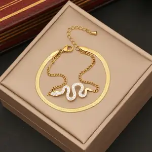 Fashion Brand Jewelry Style Zirconia 18K Gold Plated Stainless Steel Layered Ladies Snake Bracelet