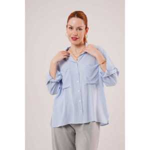 Chemise bleue pour femme avec manches chauve-souris, détail de poche rayée, logo brodé, disponible en tailles XS-XL pour le bureau, l'automne ou le printemps - Product Image 5