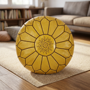 Housse de pouf ronde jaune brodée en cuir véritable faite à la main, personnalisable, style bohème, décoration intérieure unie - Product Image 5