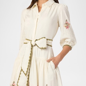 Vestido de algodón con cuello en V bordado Floral para mujer, cintura Natural, longitud Midi, botón decorativo tejido, estilo de vacaciones informal diario - Product Image 5
