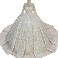 Robe de mariée musulmane NDA10023, robes de bal de mariée, col haut, manches longues, dentelle brodée, perles, élégante, princesse moelleuse