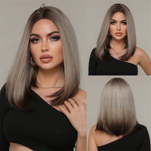 Peluca sintética larga y recta para mujer, resaltado de platino marrón degradado con raíces oscuras, pelo corto resistente al calor para Cosplay - Product Image 2