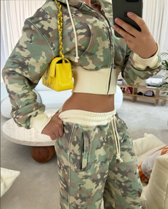 Conjunto de 2 piezas de camuflaje <span class=keywords><strong>Rosa</strong></span> personalizable para mujer, pantalones de chándal recortados con <span class=keywords><strong>capucha</strong></span> y cremallera, pantalones de pierna ancha bordados con <span class=keywords><strong>capucha</strong></span> de invierno - Product Image 1