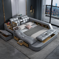 Modernes, schlichtes Leder-Doppelbett mit intelligenter Multifunktionsmassage, Projektor und Stauraum – Hotel-Sex-Queen-Bett