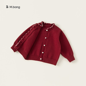 Cardigan Estivo per Bambine in Stile Vintage, Rosso, in <span class=keywords><strong>Maglia</strong></span> Acrilica Morbida con Bordi Arricciati - Product Image 3
