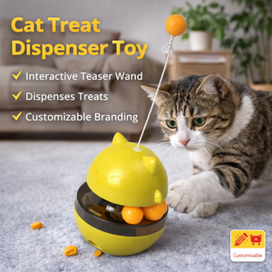 ของเล่นแมวแบบแท่งโยกเยก ผลิตจากพลาสติกเป็นมิตรกับสิ่งแวดล้อม พร้อมลูกบอลสองลูก ช่องใส่ขนมปรับได้ รับผลิตแบบ OEM ODM สีตามสั่ง - Product Image 1