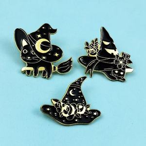 Al por mayor: Broches de metal de dibujos animados, Pin de esmalte de gato mágico lindo, Broche de sombrero de mago estrellado, Pin gótico de brujería negra, Souvenir para ropa - Product Image 3