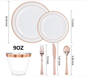 Золотой пластиковый набор столовых приборов, дешевая одноразовая посуда, нож, ложка, вилка, чашка, 7,5 ", 10,25", 25 шт.