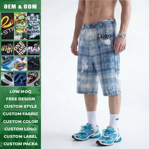 Vintage Slim Fit Distressed Plaid Print Curved Hem <b>Knee</b> Length Pants Men Casual Breathable Fabric OEM Service - Product Image 1