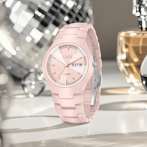 For Women's Quartz Watch <b>Rose</b> Gold Ceramic Strap Waterproof Date Display Fashionable Couple Watch Stainless Steel Case Square - Product Image 3