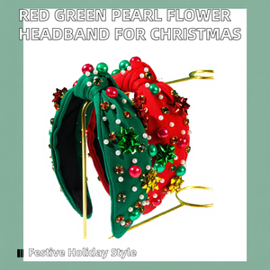 Diadema de Flores de Tela con Perlas Rojas y Verdes para Mujer, Diadema Sencilla y Moderna para Exteriores, Navidad, Año Nuevo, Festividades - Product Image 2
