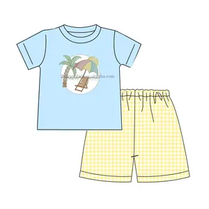China children's clothes manufacturer organic cotton short sleeve boys two pieces set beach embroidered custom kids outfit