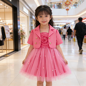 Completo Due Pezzi per <span class=keywords><strong>Bambina</strong></span>: Blazer a Maniche Corte e Abito <span class=keywords><strong>in</strong></span> <span class=keywords><strong>Tulle</strong></span> con Rose 3D, Abbigliamento Casual per Bambine e Ragazze - Product Image 5