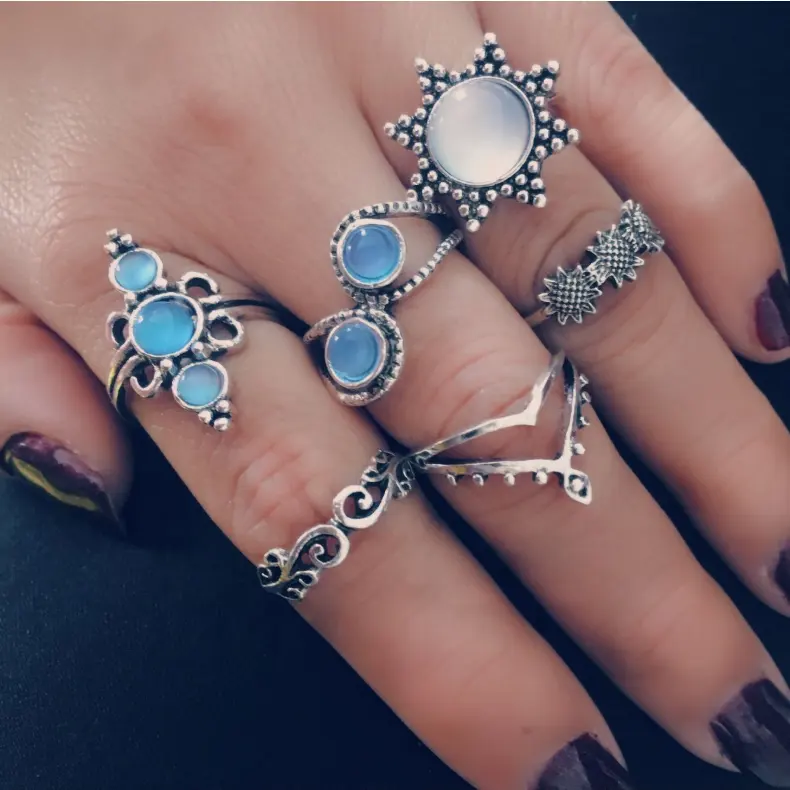 UNIQ Dainty Gem Stone Knuckle Ring Set Boho Ring Set For Women Girls Teens
