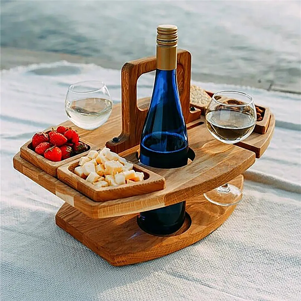 2021 Summer Camping Portable Wooden Outdoor Picnic Wine Table Fruit And Vegetable Picnic Wine Holders CNLF