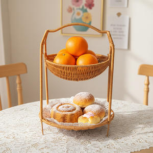 Panier à fruits tissé en rotin imitation, rond, multi-niveaux, avec poignée, panier de rangement marron pour collations et pain - Product Image 4