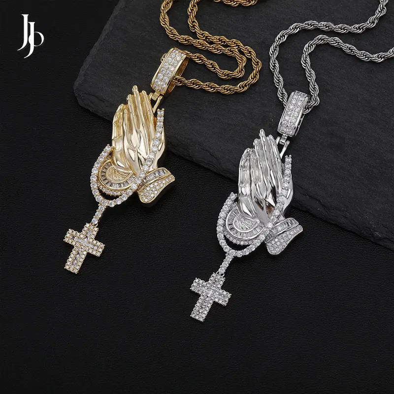 JOJO Fashion ciondolo croce a mano in preghiera Iced Out Bling Bling zircone collana con ciondolo in diamante placcato oro 18 carati gioielli Hip Hop