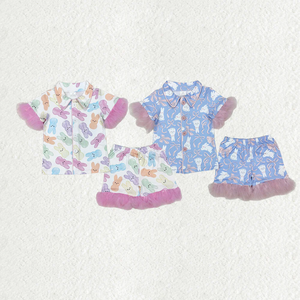 Nueva Llegada, Conjuntos de Verano para Niñas, Pijamas de Conejita de Pascua Rosa y Azul con Borde de Plumas, Ropa de Pascua para Bebés - Product Image 1
