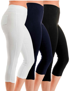 Leggings Capri taille haute avec poches, couleur unie, tricot extensible, pantalon pour femme, noir, marine, blanc, toutes saisons, style basique - Product Image 1