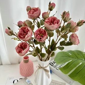 Flor artificial rosa estilo vintage, flor de noiva com 4 cabeças, material de seda, outono para decoração de casamento e sala de estar