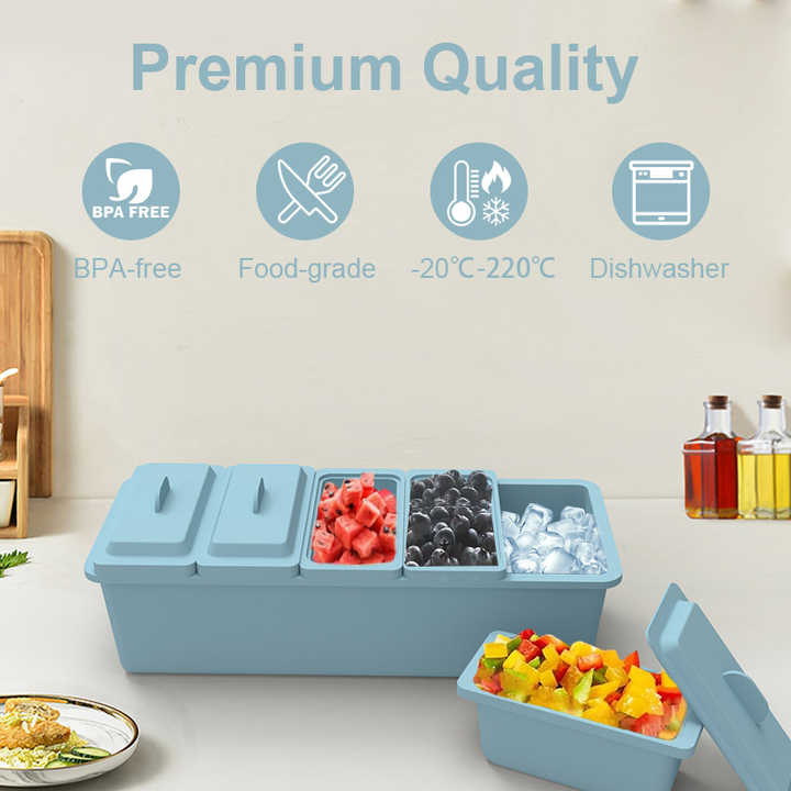 Ice Chilled Condiment Caddy, PC Spice Rack Set With 3 Pans Spoons Inclined Organizer Shelf Food Condiment Containers Countertop Condiment Carrier Kitchen