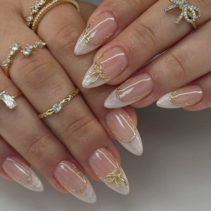 <span class=keywords><strong>Uñas</strong></span> Postizas de Acrílico Reutilizables con Diseño de Lazo Dorado y Mármol, Color Nude, <span class=keywords><strong>para</strong></span> Mujer - Product Image 1