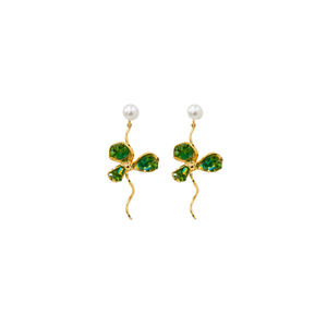 Fashion Drop <b>Earrings</b> Gold Plated 316L Stainless Steel Green <b>Crystal</b> Pearl <b>Studs</b> Sustainable Resistant Design - Product Image 2