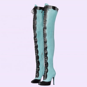Lace up Patchwork Thigh High <b>Boots</b> Women's Stiletto Over-knee Long Booties Snake Prints Thin Heels Wide Leg Fit Size 45 - Product Image 1