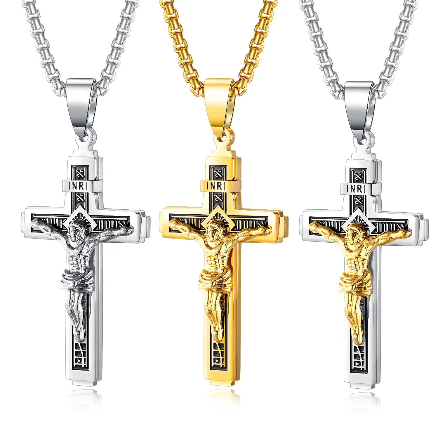 Bijoux chrétien en acier inoxydable plaqué or Inri jésus Crucifix croix colliers pendentifs pour hommes chaîne 21.6 ''vente en gros