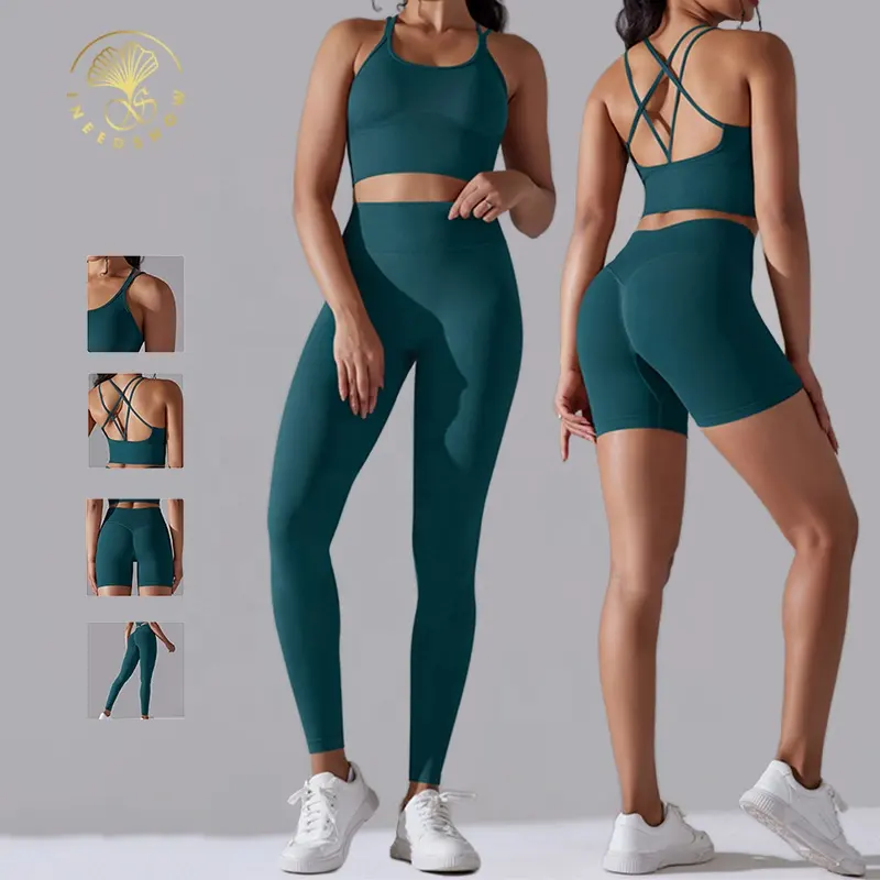 Sutiã esportivo sem costura para levantamento de bunda, roupa fitness para mulheres, roupa esportiva para academia e treino, 3 peças, conjunto de ioga para mulheres