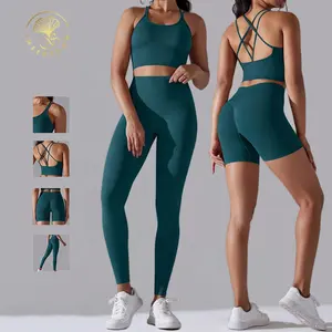 Seamless Sports Shorts Butt Lifting Legging Cross Back Bra Activewear Gym Outfit Workout 3 Piece Yoga Sets Fitness For Women