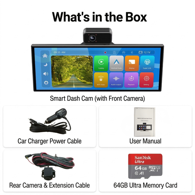 10.25Inch Wireless Android Auto GPS Car Monitor 1080p CarPlay Mirror Link Dash Cam with 4K Productivity 1 Year Warranty Portable