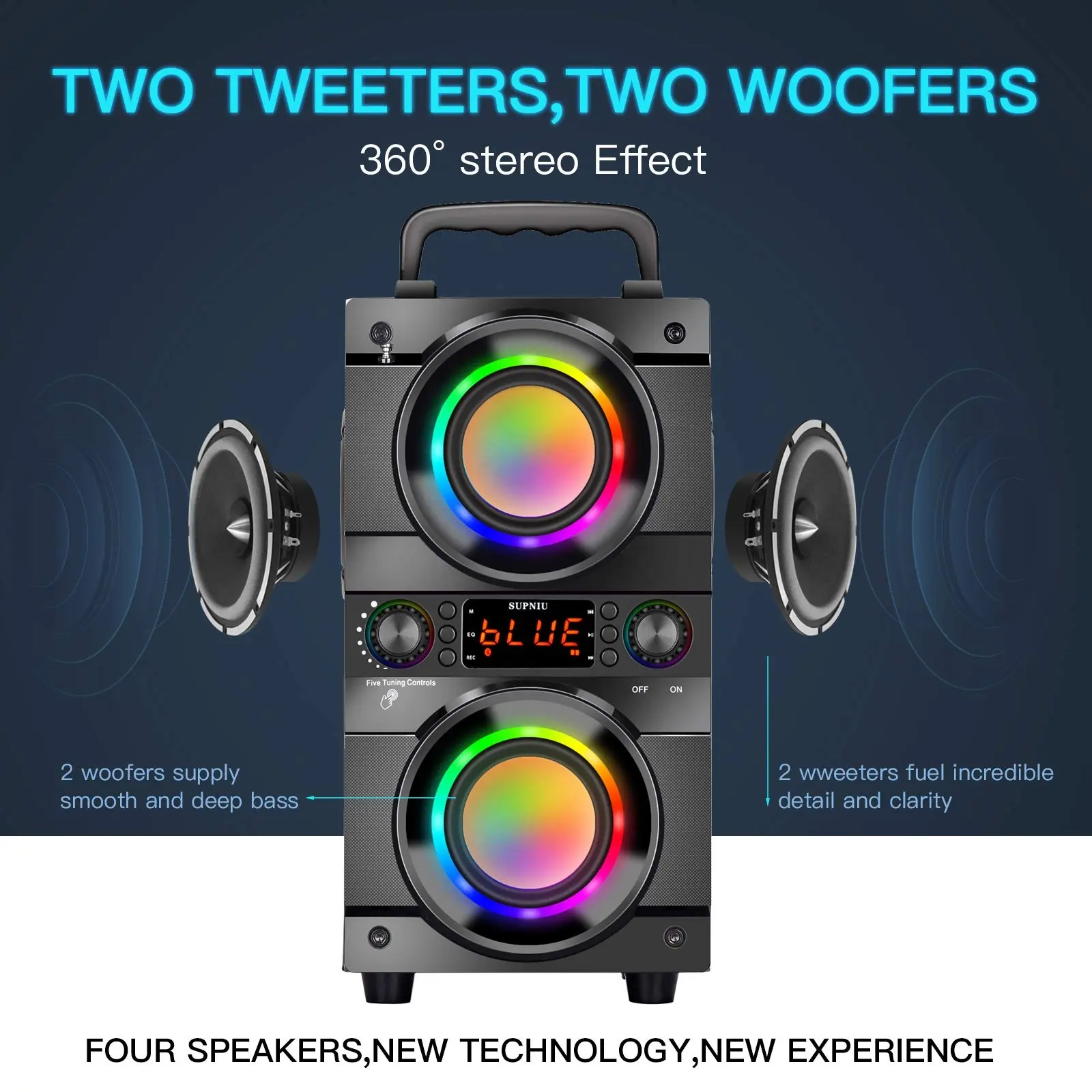 Portable Bluetooth Speaker with Double Subwoofer Heavy Bass  Bluetooth 5.0 Wireless 100ft Outdoor Speaker  Support FM Radio