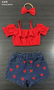 Set 3 Pezzi Nuovo Stile per <span class=keywords><strong>Bambina</strong></span> a Prezzo Ridotto, Maniche a Lanterna, Pantaloncini in Denim Ricamati, Completo Estivo per Ragazze - Product Image 4
