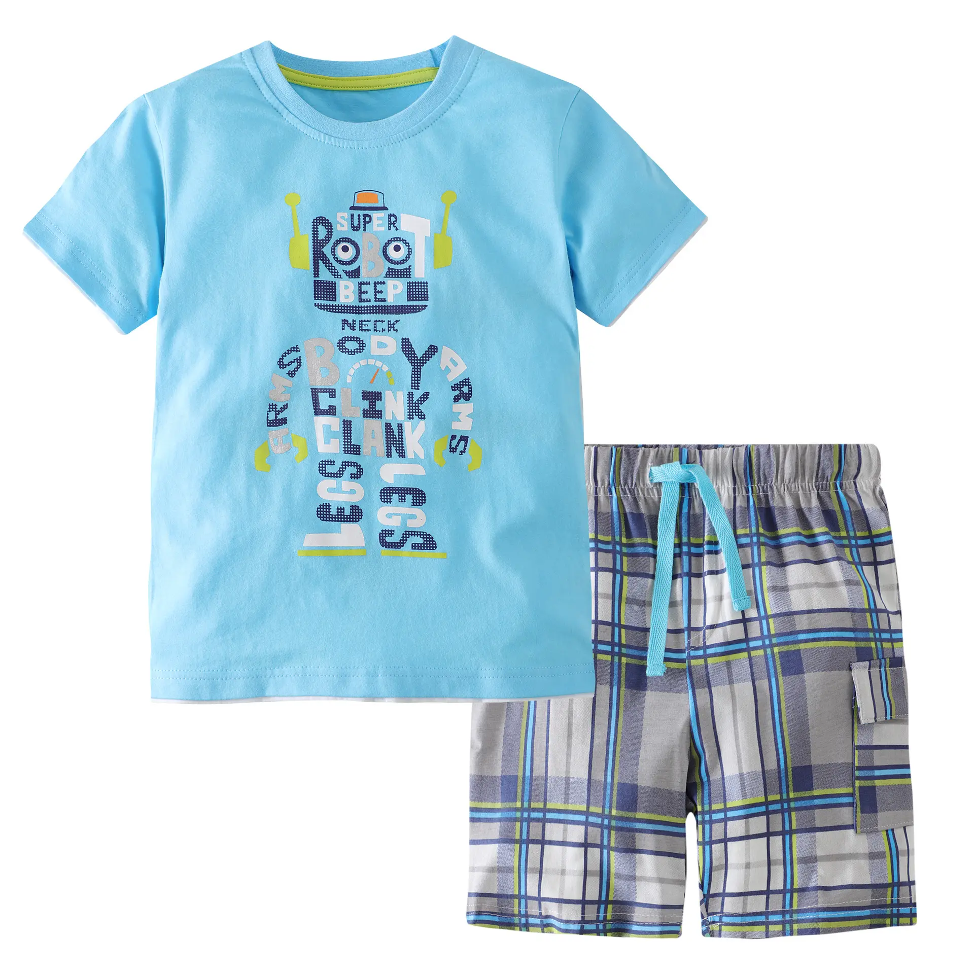 Boys summer cartoon suit pajamas kids 2pcs cartoon t-shirt +plaid shorts sets