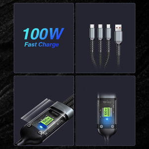 สายชาร์จแบบถัก OEM 1.2 เมตร 3-in-1 100W หัว USB-C Micro พร้อมไฟ LED สำหรับ iPhone รองรับการชาร์จเร็ว 5A ไฟกลางคืน สายทองแดงแท้หุ้มไนลอน - Product Image 3