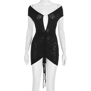 GHH10380- 2025 Automne Nouvelle Robe courte plissée à manches courtes, dos nu, couleur unie, sexy - Product Image 5