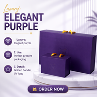 Boîte cadeau pliable personnalisée en carton rigide recyclable, finition mate violette, avec logo UV et ruban jaune, doublure satinée