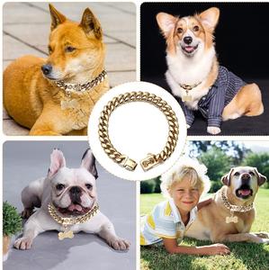 Collier pour animaux de compagnie en acier inoxydable doré de luxe, style hip-hop, maillons cubains, 14 mm, résistant aux morsures (Doberman, Pitbull, Rottweiler), vente en gros - Product Image 1