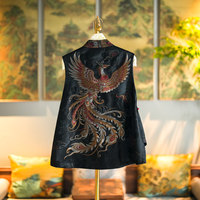 Nouveau Gilet Noir Polyvalent pour Femme, Style Chinois, Broderie Phénix Lourde, Grande Taille, en Soie de Mûrier Ancienne et Satin, 5489