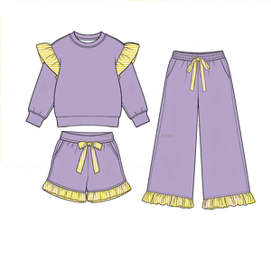 Ensemble 3 pièces en polaire pour filles avec haut à manches volantées, short à ourlet volanté, pantalon large et logo personnalisé - Product Image 4