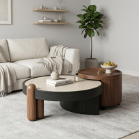 Table basse ronde moderne avec rangement, placage en bois de noyer, plateau en pierre frittée, meubles de salon