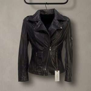 Women's Adults Stylish Slim Fit Biker Jacket Black Genuine Cow <b>Skin</b> Leather Creased Design Breathable Reversible Waterproof - Product Image 2