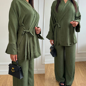 Loriya kadın moda iki parçalı Set ile korse Kimono bluz elastik bel İpli pantolon kadınlar mütevazı Abaya seti - Product Image 1